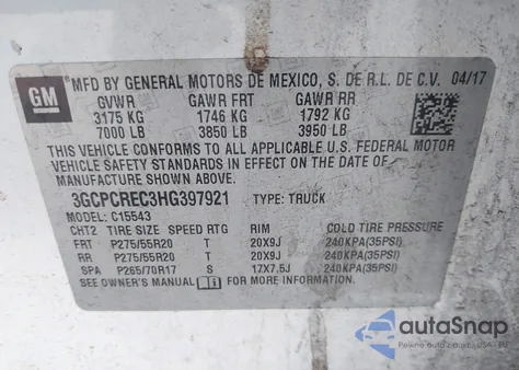 2017 Chevrolet Silverado 1500 1Lt z USA, uszkodzony, nr VIN 3GCPCREC3HG397921